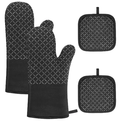 Imagen de 2 guantes de horno, agarraderas, algodón, antiquemaduras, cocina, adecuados para hornear, asar, microondas, color negro
