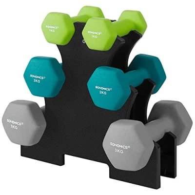 Imagen de SONGMICS Juego de Mancuernas hexagonales con Soporte 2 x 1 kg, 3 Neopreno Acabado Mate, Pesas para Gimnasio en casa, Lima, Azul Verdoso y Gris Oscuro SYL612G02