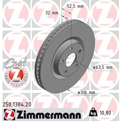 Imagen de ZIMMERMANN COAT Z 250.1384.20 Disco de freno 316 32 5/5 5 108 ventilación interna revestido FORD: S Max Mk2