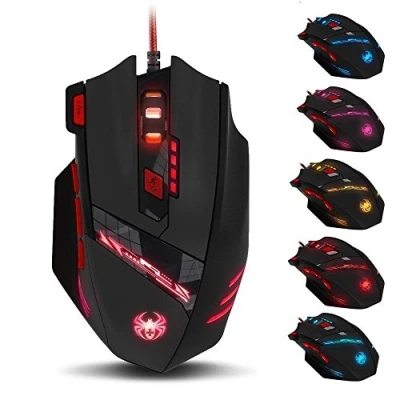 Imagen de Zelotes ratón para juegos (1000 / 1600/2400/3200/5500/9200 DPI, 8 piezas, botones, multimodos, luces LED, con cable, USB ergonómico, juegos, ordenador portátil, gamer, negro)