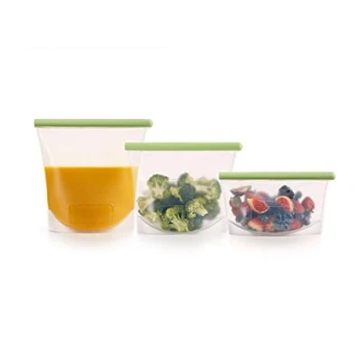 Imagen de Lékué Kit 3 Bolsas reutilizables para conservar/congelar alimentos, 500 + 1000 1500 ml, silicona platino translúcido
