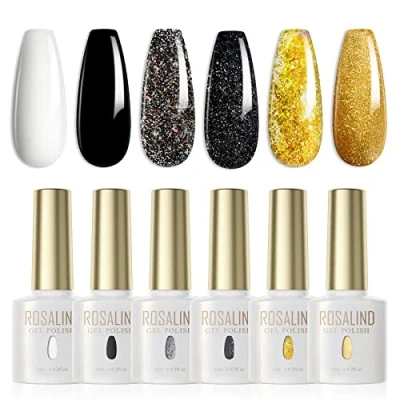 Imagen de ROSALIND Esmaltes Semipermanentes Blanco Negro Glitter Oro 6 Colores Kit Pintauñas Uñas de Gel Brillante UV LED en Nail Polish
