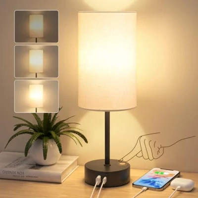 Imagen de STANBOW Lamparas de Mesita Noche Tactil Regulable, Lampara Mesa con Puertos Carga USB A+C, Pantalla Lino, Pequeña para Dormitorio, Sala Estar, Habitación Bebé