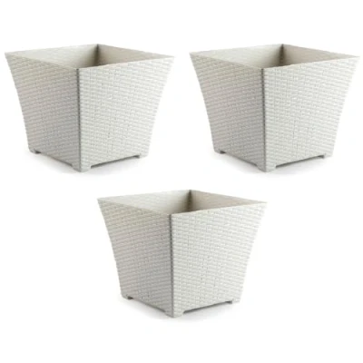 Imagen de AC Pack de 3 macetas Cuadrada Fabricación en plástico Diseño Rattan Ideal como macetero, Tiesto, Recipiente para Plantas, Flores, balcón, terraza, jardín 25 cm Color Blanco Marfil