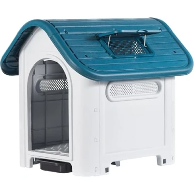 Imagen de Lanco Caseta para Perros Medianos con Techo Solar Ajustable y WC. Uso Interior Exterior respiraderos. Material Resistente. 87x72x75cm. Azul Blanco.