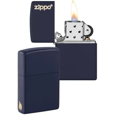 Imagen de Zippo Logotipo de y diseño Llama Navy Blue Matte Laser Engrave Color Image Mechero, rellenable, en una Caja Regalo halta Calidad