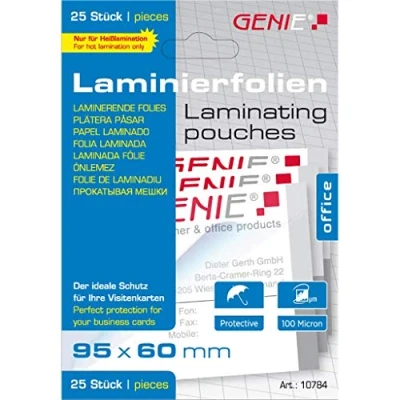 Imagen de Genie 10784 Láminas para plastificar (100 µm, tarjetas de visita hasta 95 x 60 mm, compatibles con cualquier plastificadora térmica, 25 unidades), transparentes