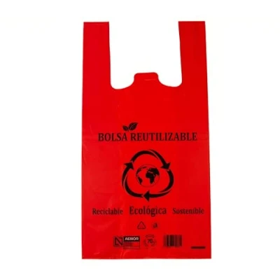 Imagen de DAYMAND STORE Bolsas Plastico de ROJAS 70% Reciclado 1 Paquete 100uds 42x53cm Resistentes Asas Bolsa Galga 200 Camiseta