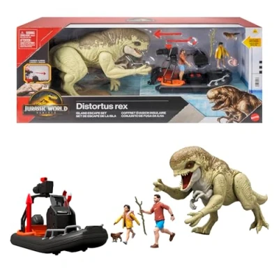 Imagen de Mattel Jurassic World: El Renacer Conjunto de juego, vehículo con figuras humanos y dinosaurios, balsa la película, dinosaurio villano Delgado, Isabella aquilops, Escape isla, JGB55
