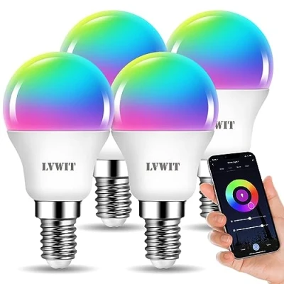 Imagen de LVWIT Bombillas Inteligente E14, Compatible con Alexa, Google Home Assistant y Smart Life/Tuya App, Bombilla Wi Fi Golf 5W 470 Lm, Lámpara Regulable LED P45 equivalente a 40W 4 Unidades.