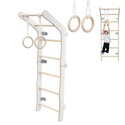 Imagen de MAMOI® Escalera de Pared para la Habitación los Niños Escalada Yarnwood + Anillas Gimnasia 100% ECO