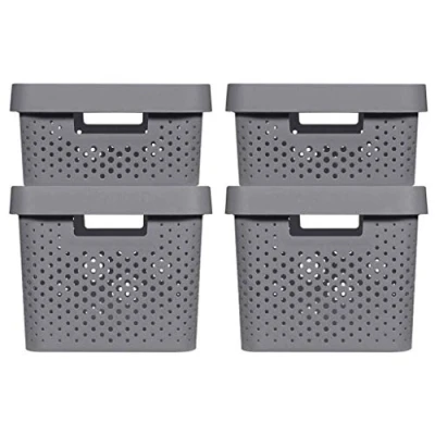 Imagen de Curver Infinity Set de 4 Cestas con Tapa Reciclado (2 uds Tamaño M 11L y 2 L 17L), Color Blanco