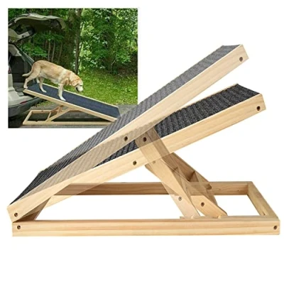 Imagen de Rampa para Perros y Gatos, Piscina Perros, Plegable con Forro Antideslizante, Escalera Perro, Escaleras de Madera Cama o Sofá, 4 Escalones Regulables en Altura