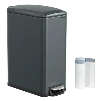 Imagen de SONGMICS Cubo de Basura Cocina 48 L, Papelera con Pedal Delgado para Espacios Estrechos, Tapa Cierre Suave y Cubeta Interior, Acero, 15 Bolsas Basura, Gris Carbón LTB510G02