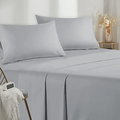 Imagen de Poligino Sabanas Cama 160 Juego Sábanas 4 Piezas Bajera Ajustable Encimera 2 Funda de Almohada 50x80 (Cama 160x190/200 cm, Gris Claro)