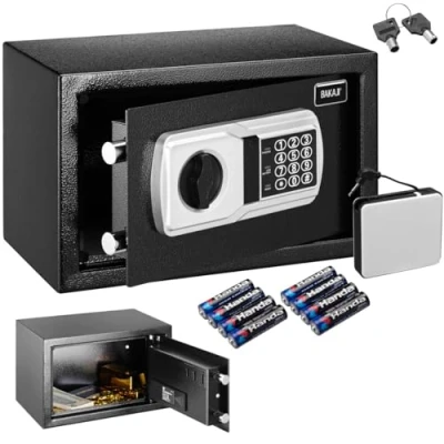 Imagen de BAKAJI caja fuerte electrónica de seguridad con batería externa, valores y documentos antirrobo para casa, hotel, instalación en pared o independiente, 31 x 20 cm (negro)