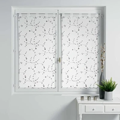 Imagen de Douceur d&#039;Intérieur, Par Recto pasante de 2 x 60 160 cm, con Visillo Bordado, diseño pequeñas Flores, Color Blanco/Gris.