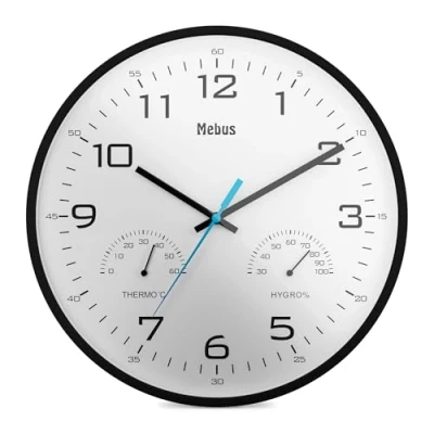 Imagen de Mebus Reloj de pared analógico cuarzo para temperatura y humedad con termómetro e higrómetro, plástico, negro, 30 cm diámetro, 16180