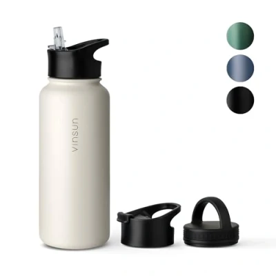 Imagen de VINSUN Botella Agua Acero Inoxidable 1L Termica con Pajita (3 Tapas) sin BPA, Doble Pared, Prueba de Fugas Cantimplora para Deporte, Oficina, Viaje