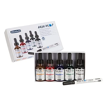Imagen de Schmincke AQUA DROP, acuarela líquida, 5 x 30 ml colores transparentes + LINER con punta de pincel, 78 105 097, Set para pintar acuarela, caligrafía, handlettering, aerografía