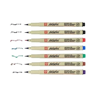 Imagen de Sakura Pigma Micron Pigmento de escritura con punta pincel Brush Juego 6 colores + 1 negro