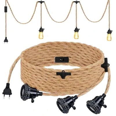 Imagen de Kit de Lámpara Colgante con Cuerda Cáñamo, 3 Portalámparas E27 Interruptor Enchufe, Cable Vintage, Luz 6.8 m, Cable/Soga Un Solo Cabezal DIY