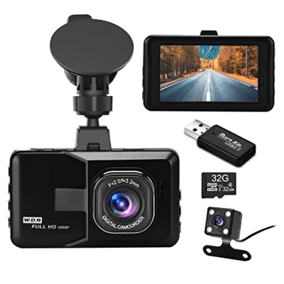 Imagen de cámara de salpicadero, salpicadero Podazz Delantera y Trasera 1080P FHD, Tarjeta SD 32 GB incluida, Pantalla IPS 3 Pulgadas, Gran Angular 170, Monitor estacionamiento 24 Horas