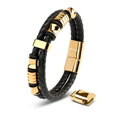 Imagen de SERASAR Pulsera Cuero Hombre Oro 17cm Dorado Pulseras Hombres Brazalete Brazaletes Pulso Muñequera Muñequeras Bisuteria Joyeria Nudos Cuerda Leather Bracelet Jewellery Bandera España