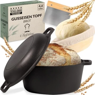 Imagen de olla de hierro fundido 26 cm con cesto fermentación apta para inducción 2 en 1 tapa hornear pan práctica doble función 4,6 l