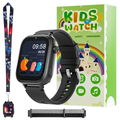 Imagen de OKYUK Reloj Inteligente para niños 4G, con GPS y teléfono, de Pulsera niños, Llamada telefónica, Mensajes, Modo Escolar, función SOS, cámara podómetro (Negro)