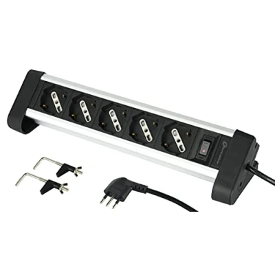 Imagen de Electraline 61906 Regleta de Aluminio con 5 plazas polivalentes, Schuko + 10/16 A, 2 Soportes para fijación al Escritorio, Enchufe pequeño 10 Negro/Plateado