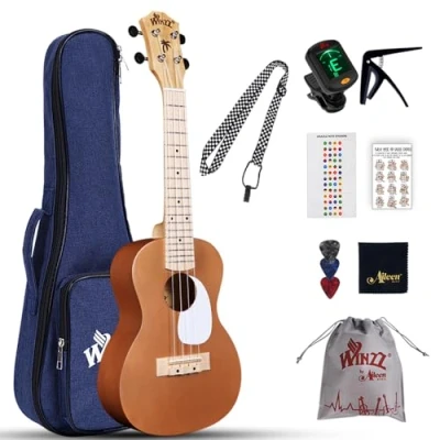 Imagen de Winzz Ukelele Set para Adulto Principiantes y Niños, Concierto de 23 Pulgadas con 9 Accesorios, 4 Cuerdas (Color: Marrón, Madera)