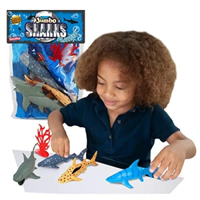 Imagen de Jumbo Playset tiburón de Deluxebase. Set Juego animalitos. Bolsa Tiburones Juguete Grandes, Incluye un Gran Blanco y Ballena. para niños