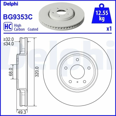 Imagen de DELPHI BG9353C Disco de freno 320 34 5 ventilado revestido altamente carbonizado sin cojinete rueda, anillo sensor ABS INFINITI: FX SUV