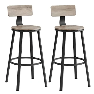 Imagen de VASAGLE taburetes de Bar, Cocina, Juego 2 Altos con Respaldo, Marco Acero, Asiento 73 cm Alto, fácil Montaje, Industrial, Gris y Negro LBC026B02