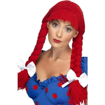 Imagen de Smiffys Peluca de muñeca trapo, roja, trenzas con flequillo y lazos