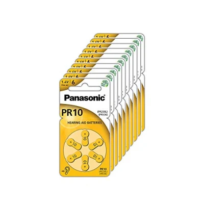 Imagen de Panasonic PR10 Pilas de zinc aire para audífonos, Tipo 10, 1.4 V, 10 paquetes (60 unidades), Color amarillo