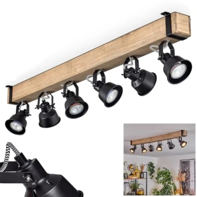 Imagen de lámpara de techo Safari, moderna metal/madera en color negro/natural, diseño industrial con pantallas ajustables, 6 luces, x GU10 sin bombillas
