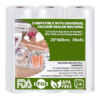 Imagen de GIBOHOM 3 Rollos Bolsas Vacio Alimentos 20 x 600 cm, Gofradas Envasar al 150µm BPA Free, Antidesgarro, Envasadora para Vacío e Sous Vide