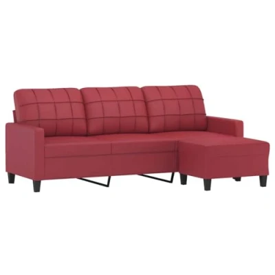 Imagen de vidaXL Sofá de 3 plazas con Taburete Cuero sintético Rojo Tinto 180 cm