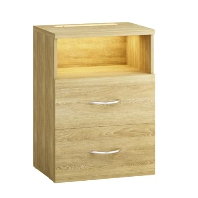 Imagen de CASARIA® Mesita de Noche Luz LED Táctil Regulable 2 Cajones 40x28x55cm Mesa Auxiliar Dormitorio Salón Roble