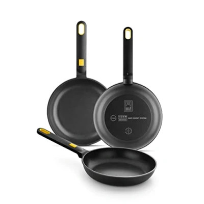 Imagen de BRA Daily Pro Set 3 sartenes aluminio fundido 20 24 28 cm antiadherentes tricapa sin PFOA, aptas para todo tipo de cocinas e inducción, Color Negro Y Amarillo