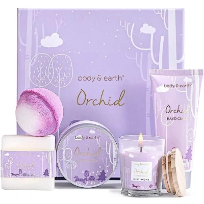 Imagen de BODY &amp; EARTH Set de Regalo 5pcs Fragancia Orquídea Mujeres con Vela Perfumada, Manteca Corporal, Crema Manos, Bomba Baño, Bienestar para Novia, Mamá,