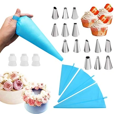 Imagen de Juego de 20 boquillas y Bolsas tuberías con 3 tamaños Reutilizables/Bolsa glaseado, acopladores, 14 Acero Inoxidable para Pasteles. Kit decoración Cupcakes/Galletas.
