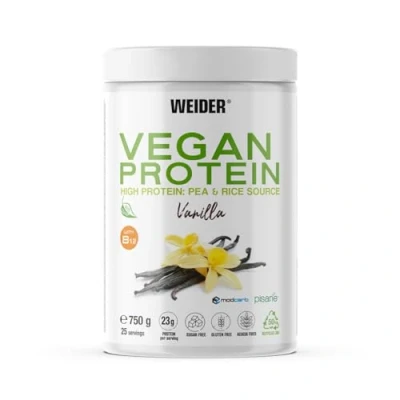 Imagen de Weider Vegan Protein (750g) Sabor Vainilla. 23g/dosis Aislada Guisante (Pisane) y Arroz. Con Vitamina B12 Stevia. Sin Gluten, Azúcar. Bote 50% Reciclado, 100% Reciclable