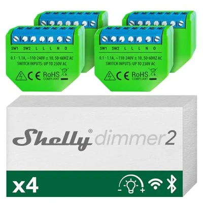 Imagen de Shelly Dimmer 2 Regulador de Intensidad Luz inalámbrico Interruptor atenuación LED 10 220 W No requiere neutro Alexa &amp; Google Home Control remoto iOS Android App (Paquete 4)