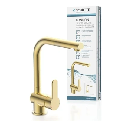 Imagen de SCHÜTTE 79770 London grifo de cocina con alcachofa extraíble, giratorio 360 grados, mezclador monomando para fregadero cocina, color dorado