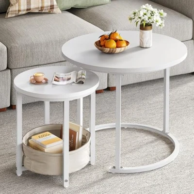 Imagen de YITAHOME Juego de 2 Mesas Centro Redondas, Mesa Salón Moderna con Bolsa Tela para Almacenamiento, Unidades, Apilables Placa Madera y Marco Metal