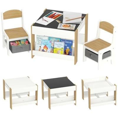 Imagen de HOMCOM Juego de Mesa y 2 Sillas Infantiles con para Niños en 1 Pizarra Cajones Tela Espacio Almacenamiento Guardería Sala Juegos Blanco Natural