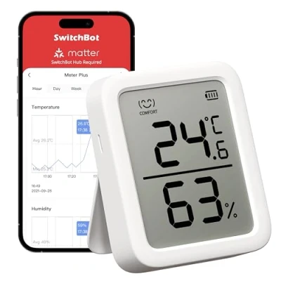 Imagen de SwitchBot Termómetro Higrómetro Plus digital de interior con chip suizo precisión, control por APP, termohigrómetro para el hogar Habitación Nevera Oficina Bodega，3en pantalla grande